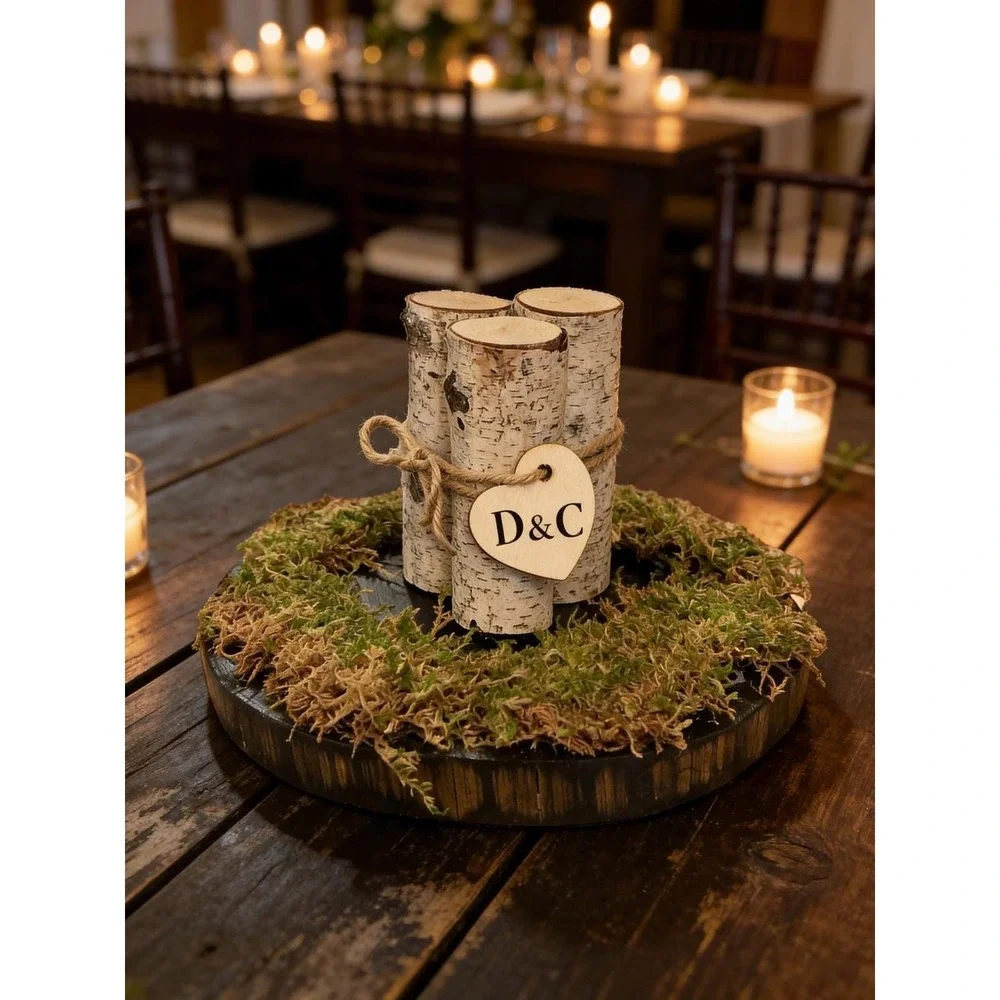 Handmade Rustic Birch Wood‎ Slab Centerpiece with Moss and Custom Heart